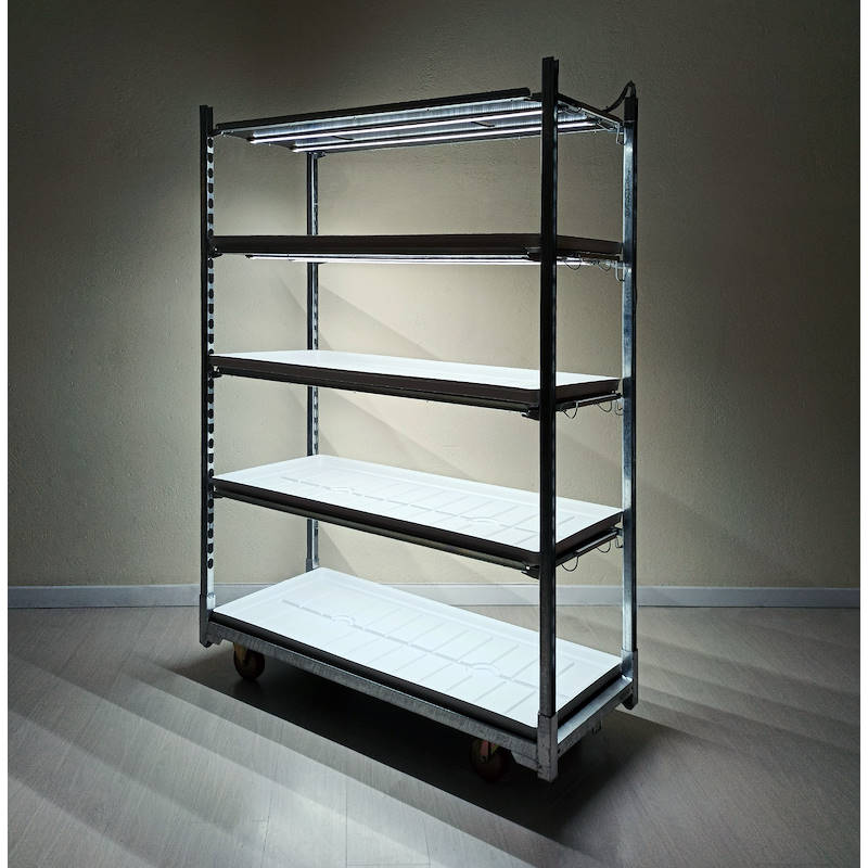 DC-Pflanzenwagen mit LED-Leuchtenset für KEIMUNG UND VEREDELUNG, Optional: mit DC Wasserwannen, Packung: 1 Dänenkarren, Einlegeböden: 4 Regale mit Beleuchtung