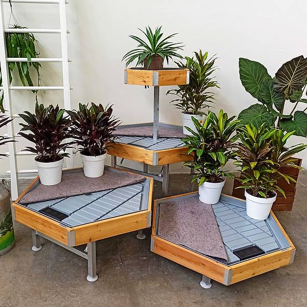 Hexagonal, wood line AMOR, Exhibition Set: Set 3 PIECES + RAISED BENCH, Color: Natural Wood, Box: 1 Set