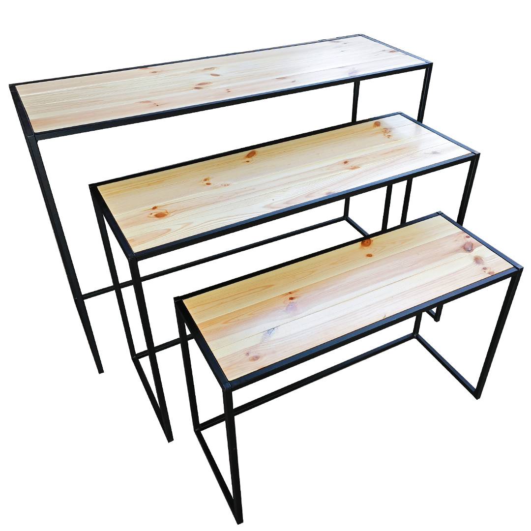 Couchtisch-Set aus Naturholz mit schwarzem Eisenrahmen, Packung: 12 Stücke