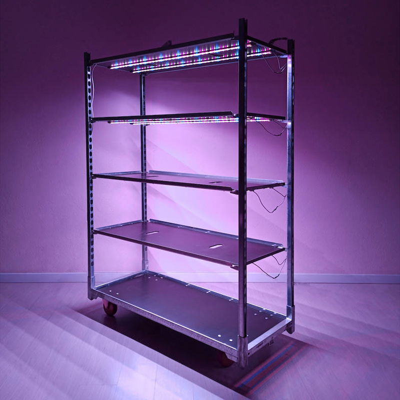 DC-Pflanzenwagen mit LED-Leuchtenset für Mikrogrün, Optional: ohne DC Wasserwannen, Packung: 18 Dänenkarren, Einlegeböden: 4 Regale mit Beleuchtung