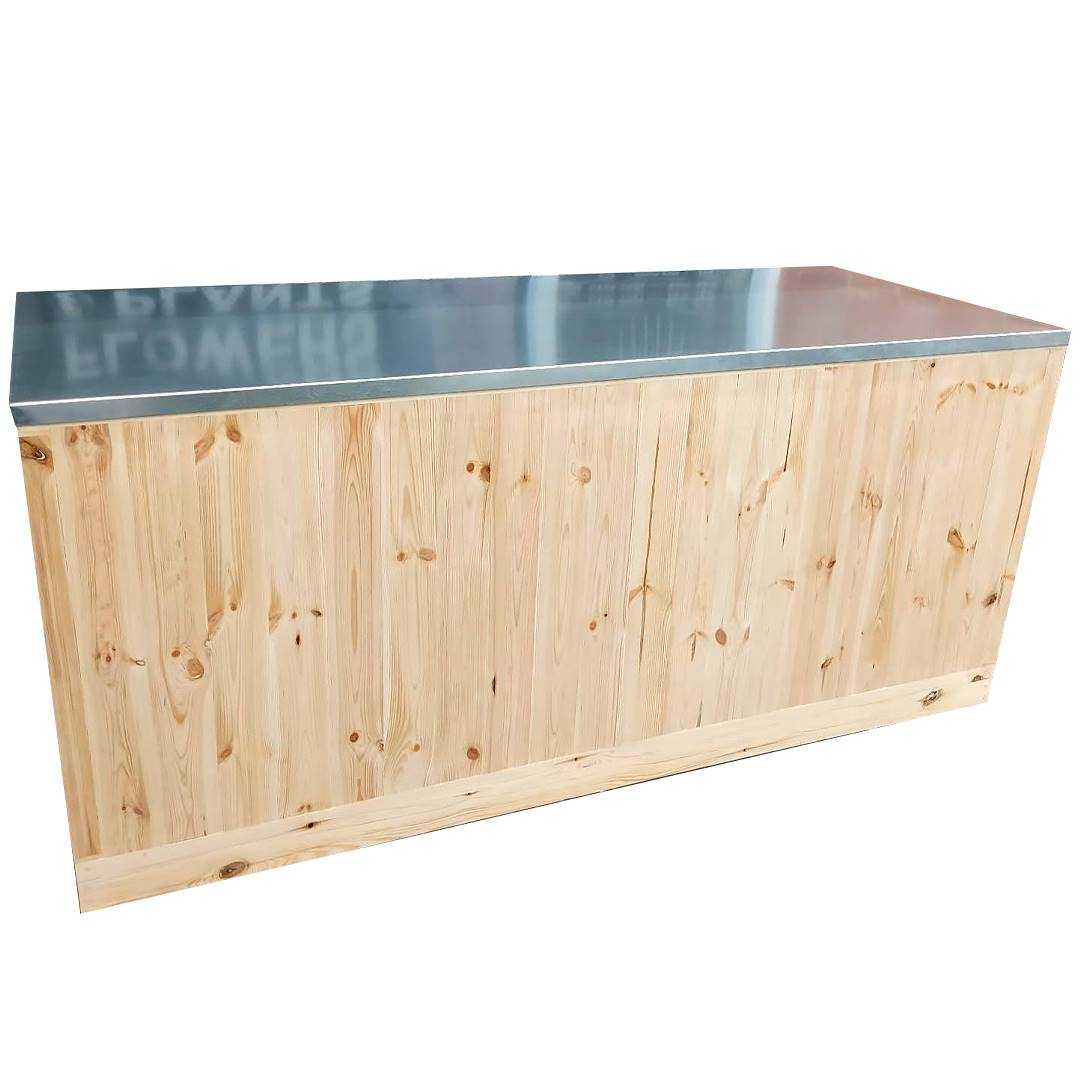 Banc en bois naturel et plateau en tôle galvanisée