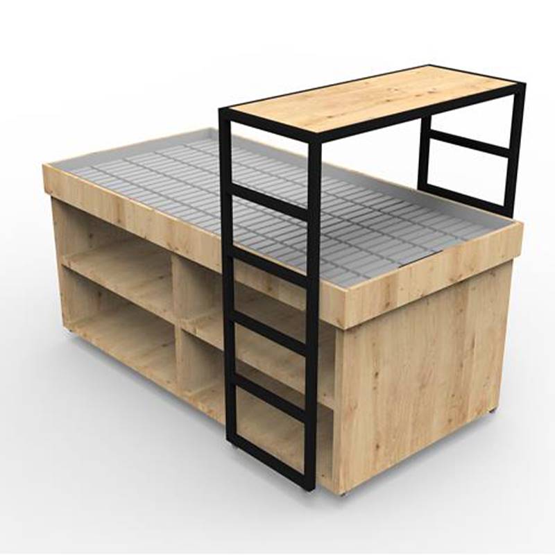 Elevated bridge shelf in natural wood with black painted iron frame