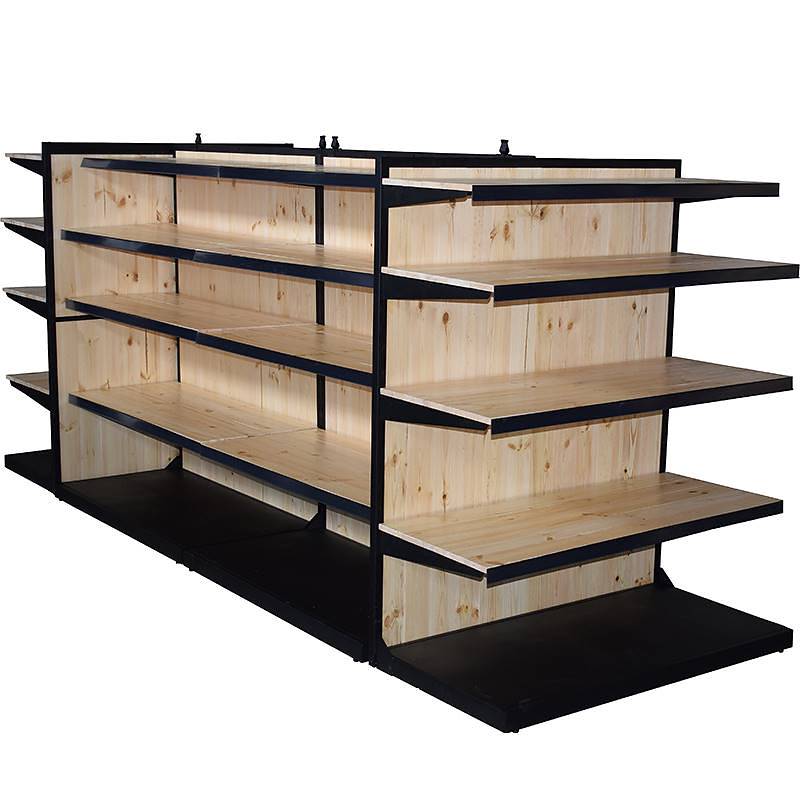 Góndola de madera natural con perfil de hierro negro