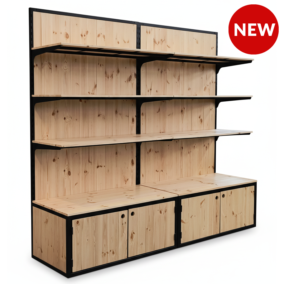 Shelving unit with natural wood boxes and black-painted iron frame