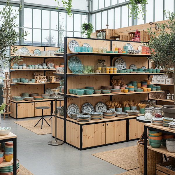 Regal mit Naturholzboxen und schwarz lackiertem Eisenprofil